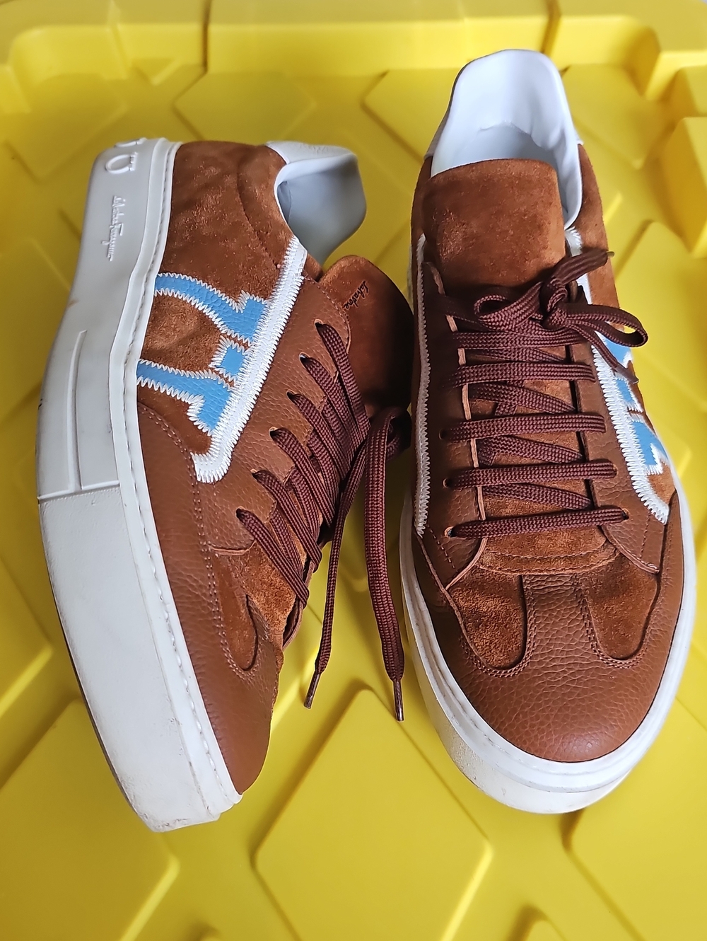 Salvatore Ferragamo Brown Suede & Leather Sneakers with Light Blue Accent